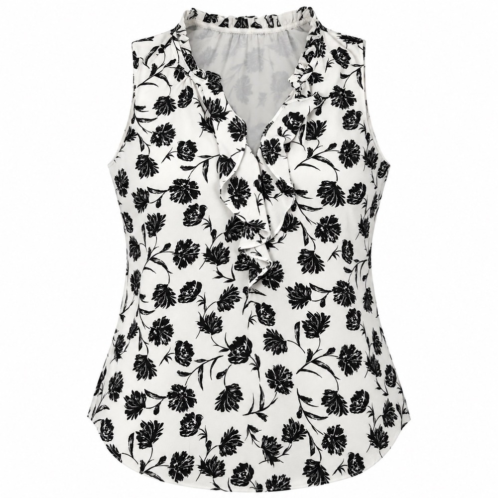 White House Black Market Floral Ruffle V-Neck Sleeveless Blouse Black White L